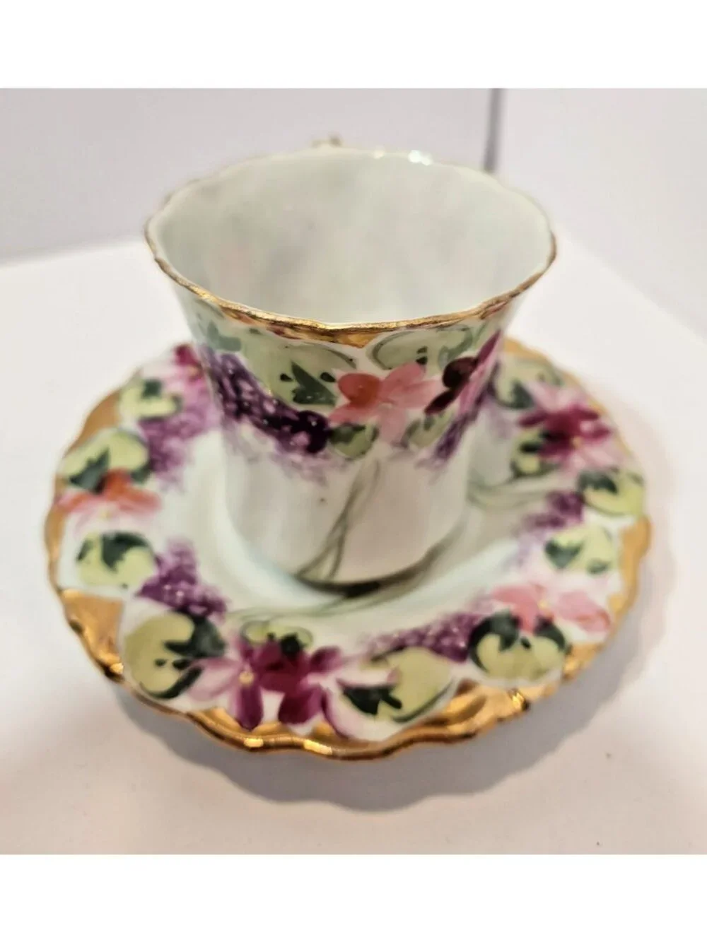 Antique Hand Painted Chocolate Cups w/Saucers Pink/Purple Violets Moriage Set 3
